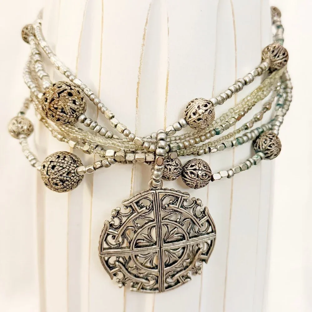 Vintage Inspired Silver Filigree Statement Necklace Multi-Strand Boho Medallion - Picture 3 of 8